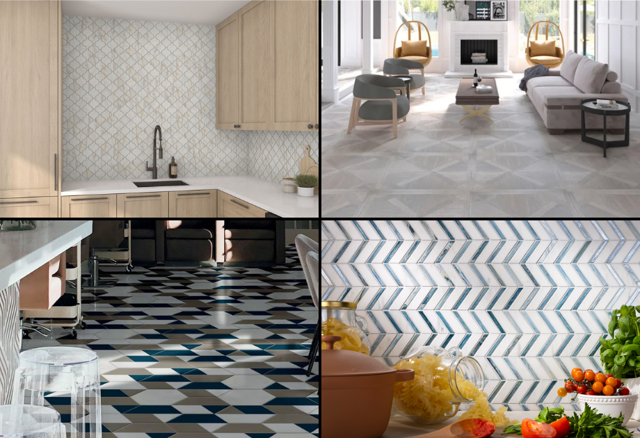 Collage of interior spaces featuring geometric tile
